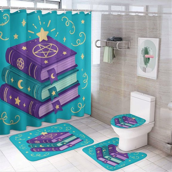 Chilfamy 4PCS Spell Books Stack Magic Waterproof Shower Curtain Sets with Hooks,Bathroom Sets with Non-Slip Rugs,Toilet Lid Cover and Bath Mat