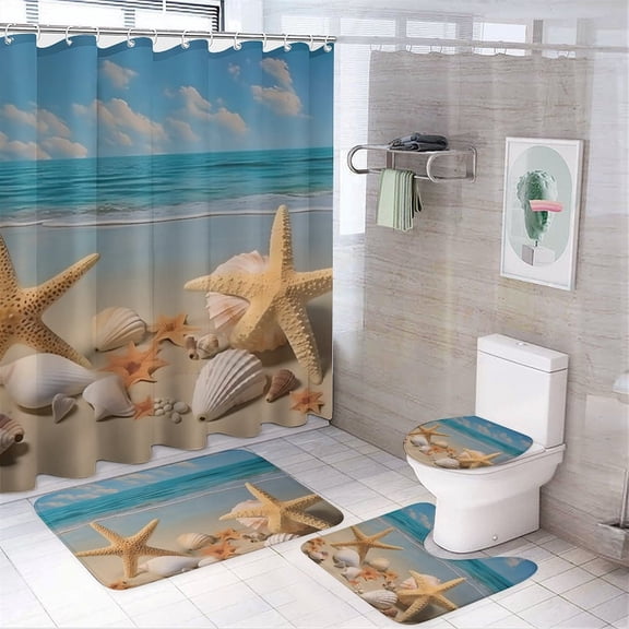 Chilfamy 4PCS Starfish Shells Beach Ocean Sand Waterproof Shower Curtain Sets with Hooks,Bathroom Sets with Non-Slip Rugs,Toilet Lid Cover and Bath Mat
