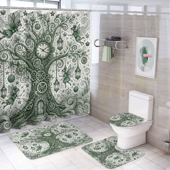 Chilfamy 4PCS Steampunk Clock Tree With Fairies Waterproof Shower Curtain Sets with Hooks,Bathroom Sets with Non-Slip Rugs,Toilet Lid Cover and Bath Mat