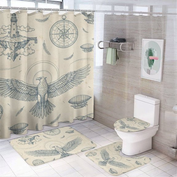 Chilfamy 4PCS Steampunk Sky Explorer Waterproof Shower Curtain Sets with Hooks,Bathroom Sets with Non-Slip Rugs,Toilet Lid Cover and Bath Mat