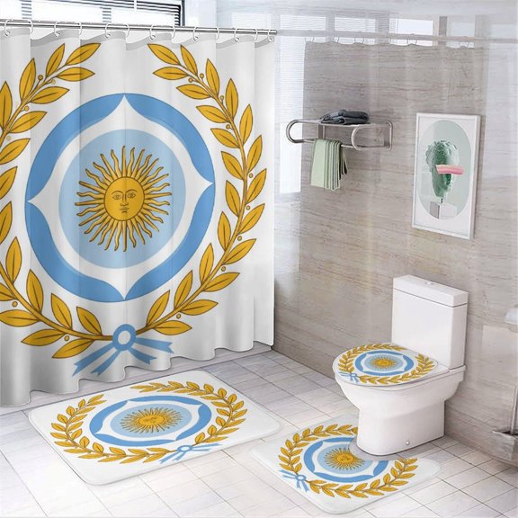 Chilfamy 4PCS Sun With Laurel Wreath Pattern Waterproof Shower Curtain Sets with Hooks,Bathroom Sets with Non-Slip Rugs,Toilet Lid Cover and Bath Mat