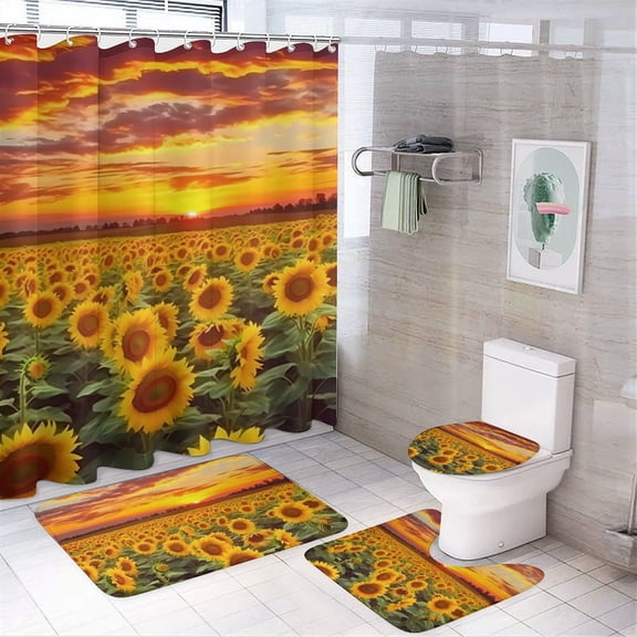 Chilfamy 4PCS Sunflowers Field Sunset Golden Waterproof Shower Curtain Sets with Hooks,Bathroom Sets with Non-Slip Rugs,Toilet Lid Cover and Bath Mat