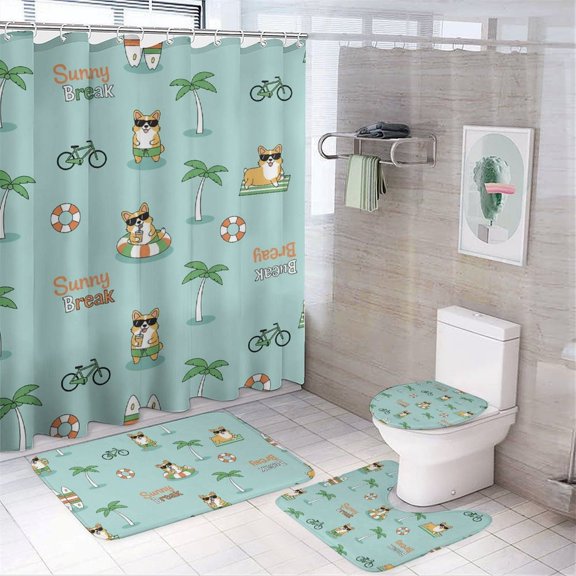 Chilfamy 4PCS Sunny Break Corgi Pattern Waterproof Shower Curtain Sets with Hooks,Bathroom Sets with Non-Slip Rugs,Toilet Lid Cover and Bath Mat