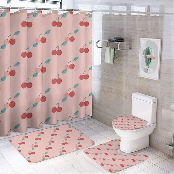 Chilfamy 4PCS Sweet Cherry Sprigs Waterproof Shower Curtain Sets with Hooks,Bathroom Sets with Non-Slip Rugs,Toilet Lid Cover and Bath Mat