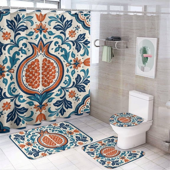 Chilfamy 4PCS Talavera Pomegranate Floral Tile Waterproof Shower Curtain Sets with Hooks,Bathroom Sets with Non-Slip Rugs,Toilet Lid Cover and Bath Mat