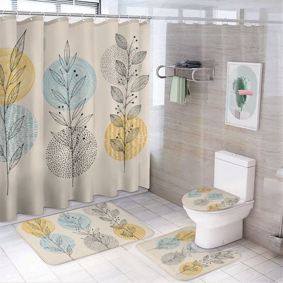 Chilfamy 4PCS Three Botanical Stems Waterproof Shower Curtain Sets with Hooks,Bathroom Sets with Non-Slip Rugs,Toilet Lid Cover and Bath Mat