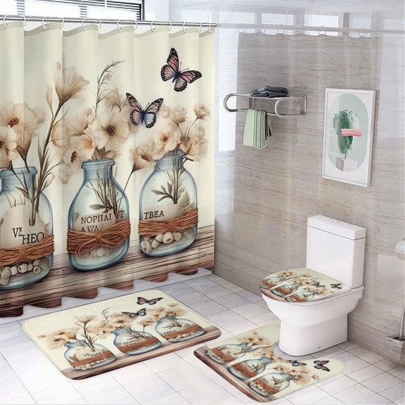 Chilfamy 4PCS Three Glass Jars Dried Flowers Butterflies.jpg Waterproof Shower Curtain Sets with Hooks,Bathroom Sets with Non-Slip Rugs,Toilet Lid Cover and Bath Mat