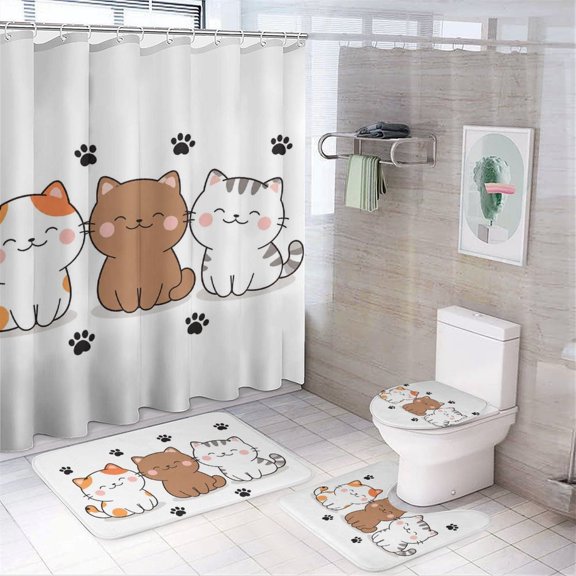 Chilfamy 4PCS Three Happy Cats Waterproof Shower Curtain Sets with Hooks,Bathroom Sets with Non-Slip Rugs,Toilet Lid Cover and Bath Mat
