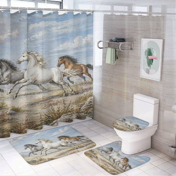 Chilfamy 4PCS Three Running Horses Classic Waterproof Shower Curtain Sets with Hooks,Bathroom Sets with Non-Slip Rugs,Toilet Lid Cover and Bath Mat