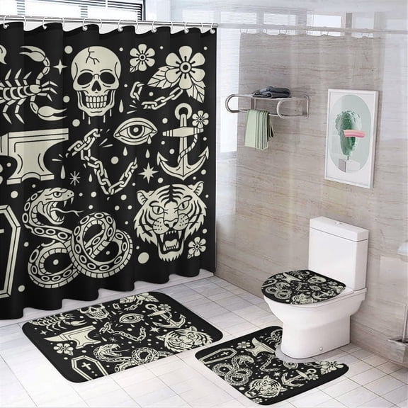 Chilfamy 4PCS Traditional Flash Tattoo Monochrome Collage Waterproof Shower Curtain Sets with Hooks,Bathroom Sets with Non-Slip Rugs,Toilet Lid Cover and Bath Mat