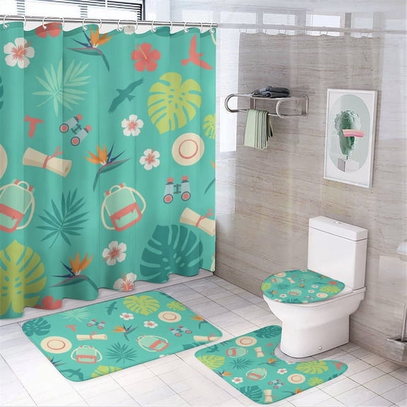 Chilfamy 4PCS Tropical Explorer Kit Waterproof Shower Curtain Sets with Hooks,Bathroom Sets with Non-Slip Rugs,Toilet Lid Cover and Bath Mat