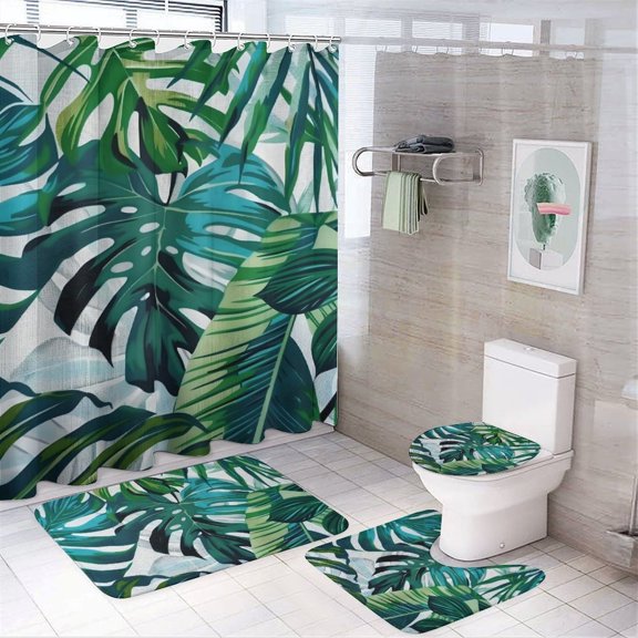 Chilfamy 4PCS Tropical Print Waterproof Shower Curtain Sets with Hooks,Bathroom Sets with Non-Slip Rugs,Toilet Lid Cover and Bath Mat