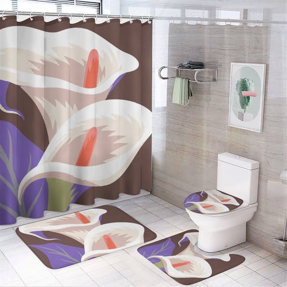 Chilfamy 4PCS Two Calla Lilies Together Waterproof Shower Curtain Sets with Hooks,Bathroom Sets with Non-Slip Rugs,Toilet Lid Cover and Bath Mat