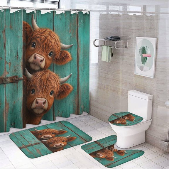 Chilfamy 4PCS Two Highland Cows Peeking Door Waterproof Shower Curtain Sets with Hooks,Bathroom Sets with Non-Slip Rugs,Toilet Lid Cover and Bath Mat