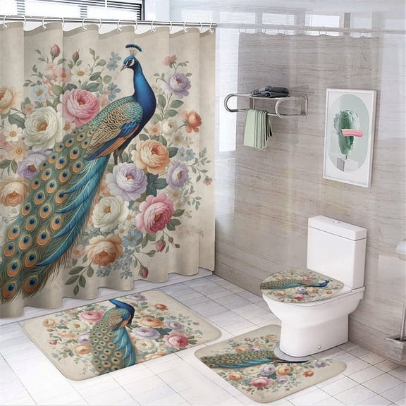 Chilfamy 4PCS Watercolor Peacock Vintage Background Waterproof Shower Curtain Sets with Hooks,Bathroom Sets with Non-Slip Rugs,Toilet Lid Cover and Bath Mat
