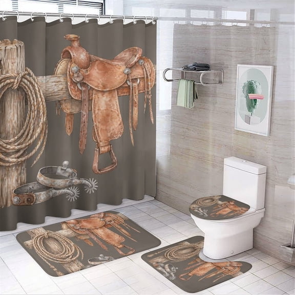 Chilfamy 4PCS Western Saddle Spurs And Rope Waterproof Shower Curtain Sets with Hooks,Bathroom Sets with Non-Slip Rugs,Toilet Lid Cover and Bath Mat