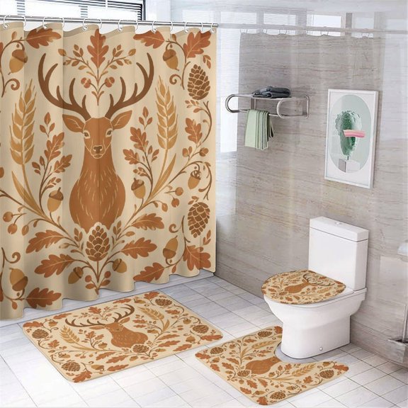 Chilfamy 4PCS Woodland Deer Pine Cones Waterproof Shower Curtain Sets with Hooks,Bathroom Sets with Non-Slip Rugs,Toilet Lid Cover and Bath Mat