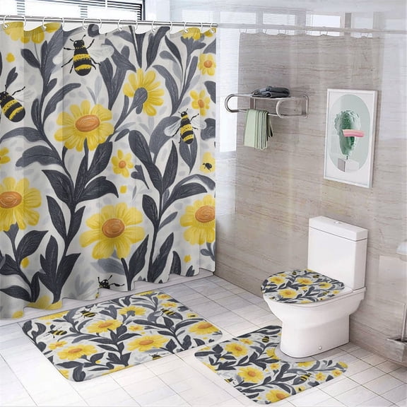 Chilfamy 4PCS Yellow Flower Bee Waterproof Shower Curtain Sets with Hooks,Bathroom Sets with Non-Slip Rugs,Toilet Lid Cover and Bath Mat