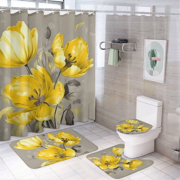 Chilfamy 4PCS Yellow Tulip Painting Waterproof Shower Curtain Sets with Hooks,Bathroom Sets with Non-Slip Rugs,Toilet Lid Cover and Bath Mat