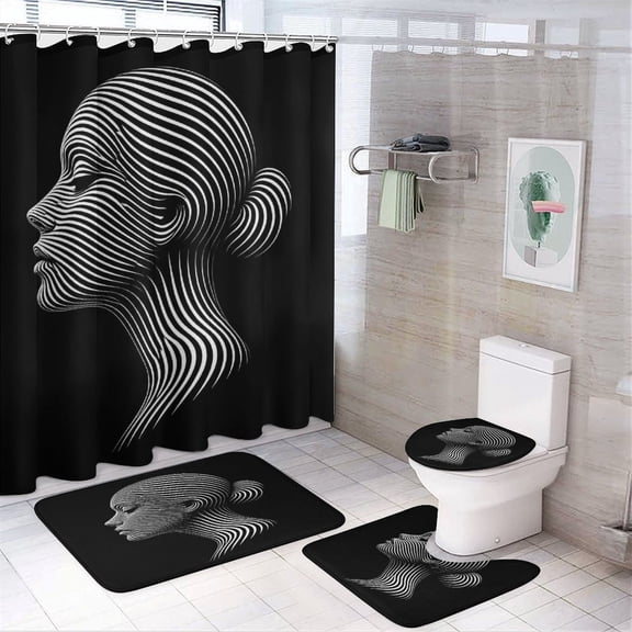 Chilfamy 4PCS Zebra Stripe Woman Profile Waterproof Shower Curtain Sets with Hooks,Bathroom Sets with Non-Slip Rugs,Toilet Lid Cover and Bath Mat