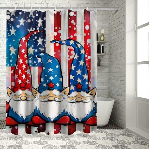Chilfamy 4th of July Gnomes Shower Curtain for Bathroom Set Independence Day Patriotic Theme Home Bath Bathtub Decorations Waterproof Fabric Machine Washable with Hooks White