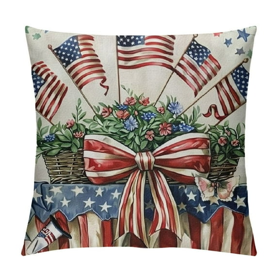 Chilfamy 4th of July Pillow Covers American Flag Fireworks Star Decor Flower Basket Independence Day Outdoor Pillow Covers, Cushion Case Gifts for Home Decor White