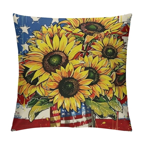 Chilfamy 4th of July Sunflower Patriotic Decorative Throw Pillow Covers, God Bless America Stars Stripes Cushion Case Decor, Land That I Love American USA Mason Jar Home Decoration White