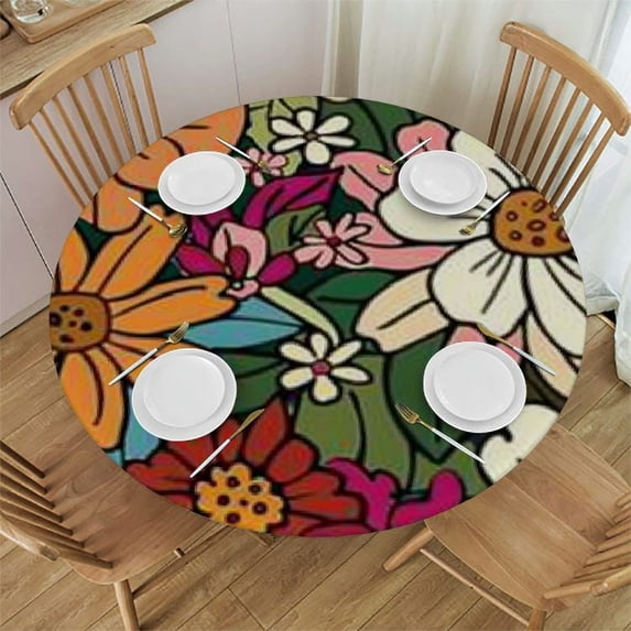Chilfamy 70s Retro Floral Round Tablecloth for Indoor and Outdoor,Daisy Waterproof Table Cloth Cover Decorative for Party Holiday Dinning Tabletop Home Décor White