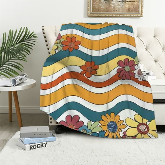 Chilfamy 70s Retro Floral Throw Blanket, Boho Groovy Wavy Geometric Hippie Cute Flowers Yellow Orange Abstract Print Blanket for Holiday Theme Home Decor Bedding Couch and Gift