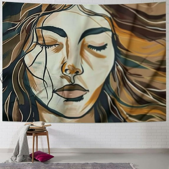 Chilfamy Abstract Boho Tapestry Wall Hanging Modern Bohemian Aesthetic Face Dorm Room Minimalist Geometric Terracotta Brown Line Woman Bedroom Wall Art Home Decor Painting