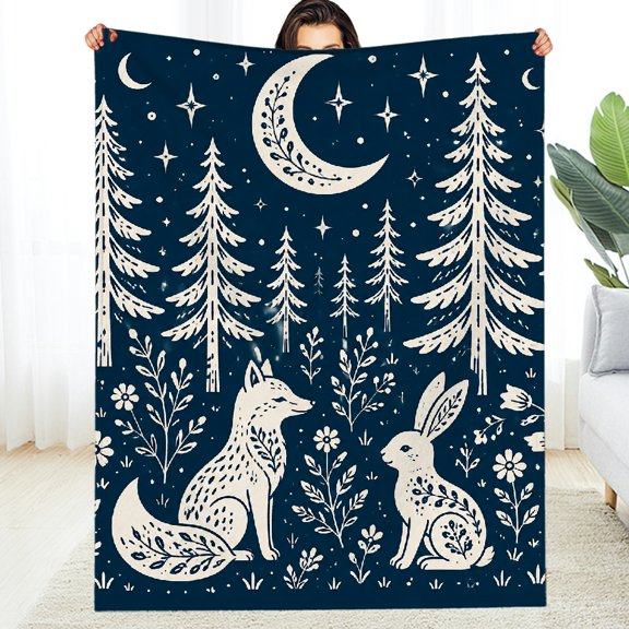 Chilfamy  All-Season Blanket , Fox and Rabbit Under Pine Trees and Moon  Decorative Blanket - Machine Washable Soft Soft Throw for Couch, Travel, Camping