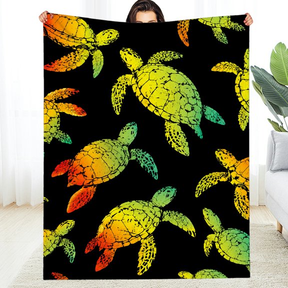 Chilfamy All-Season Blanket , Rainbow Sea Turtles Black Warm and Cozy Throw - All-Season Comfort Tear-Resistant Soft Throw for Couch, Travel, Camping