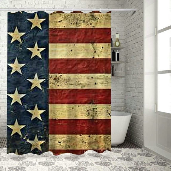 Chilfamy American USA Flag Shower Curtain Vintage, 4th July Independence Day Fabric Waterproof Bath Curtains for Bathroom, Rustic Red Blue White