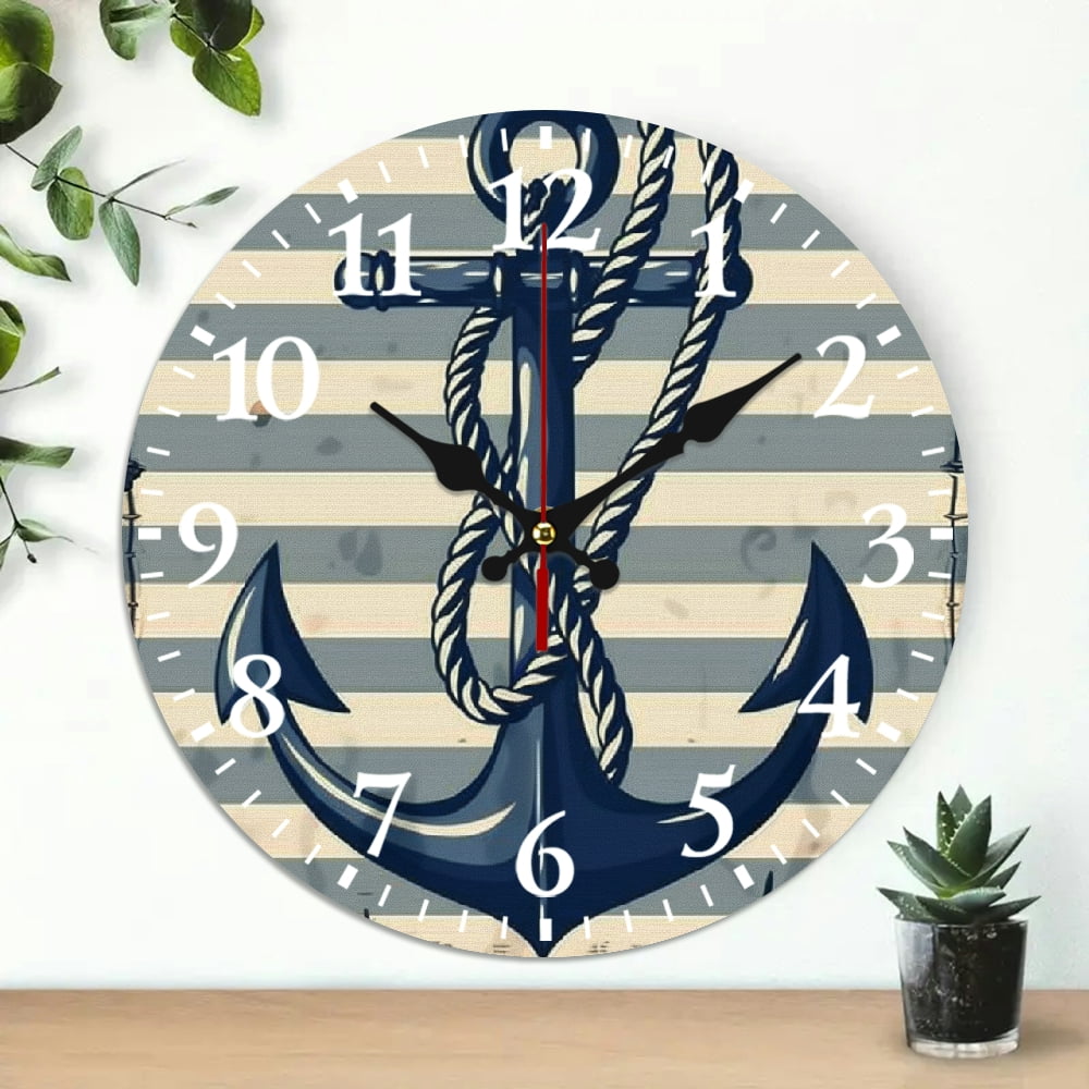 Chilfamy Anchor Rope Striped Background Theme 10-Inch Wooden Wall Clock ...