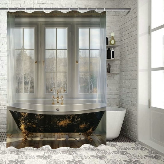 Chilfamy Antique Shower Curtain, Retro Bathtub in Modern Room Interior Hardwood Classics Space Design, Cloth Fabric Bathroom Decor Set with Hooks, White Black Pale Brown White