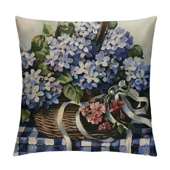 Chilfamy AnyDesign Seasonal Floral Pillow Covers Blue Hydrangea Stripe Pillow Case Farmhouse Decorative Throw Cushion Cover for Spring Summer Home Office Room Couch Sofa White