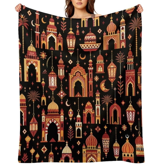 Chilfamy Arabic Mosque Lantern Moon Pattern Soft Flannel Throw Blanket, Lightweight Fuzzy Warm Cozy Blanket for Couch Bed Home Travel Decor