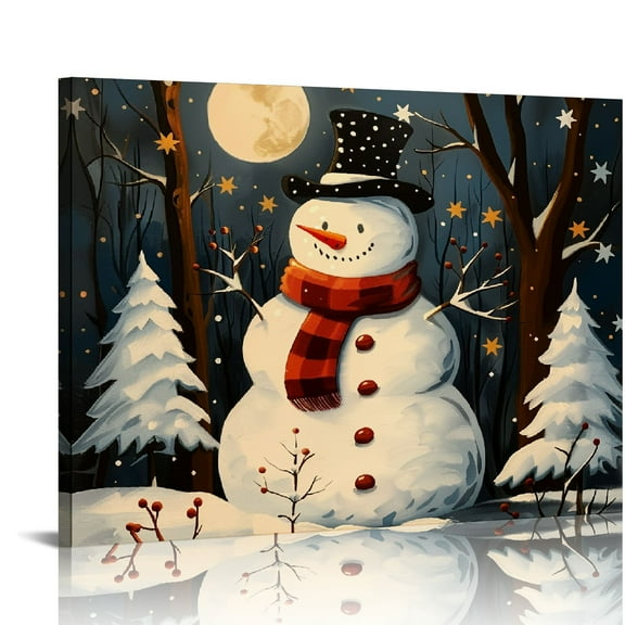 Chilfamy Art Modern Canvas Prints Snowman Snowy Forest Full Moon Ready To Hang Wall Art Decor 16x12in