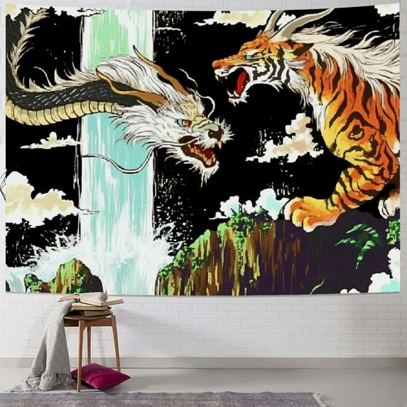 Chilfamy Asian Tapestry Eastern Mythology Dragon and Tiger Tapestry,Chinese Art Wall Hanging Tapestry for Bedroom Living Room 50x40inch