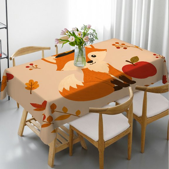 Chilfamy  Autumn Fox Pilgrim Hat Apple Fall Cute Print Rectangle Tablecloth,  Holiday-Themed Design Machine-Made, Autumn Fox Pilgrim Hat Apple Fall Cute