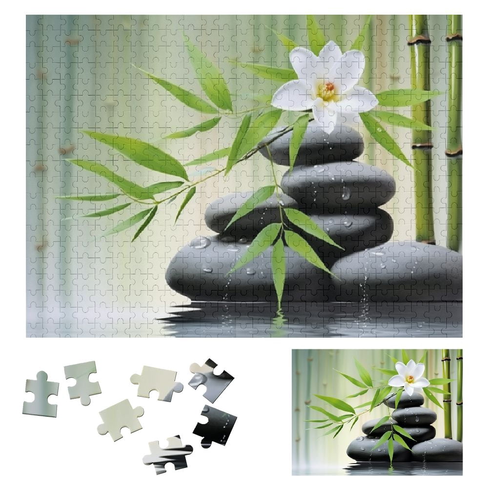Chilfamy Bamboo Tree White Flower Rocks Wooden Jigsaw Puzzle for Adults ...