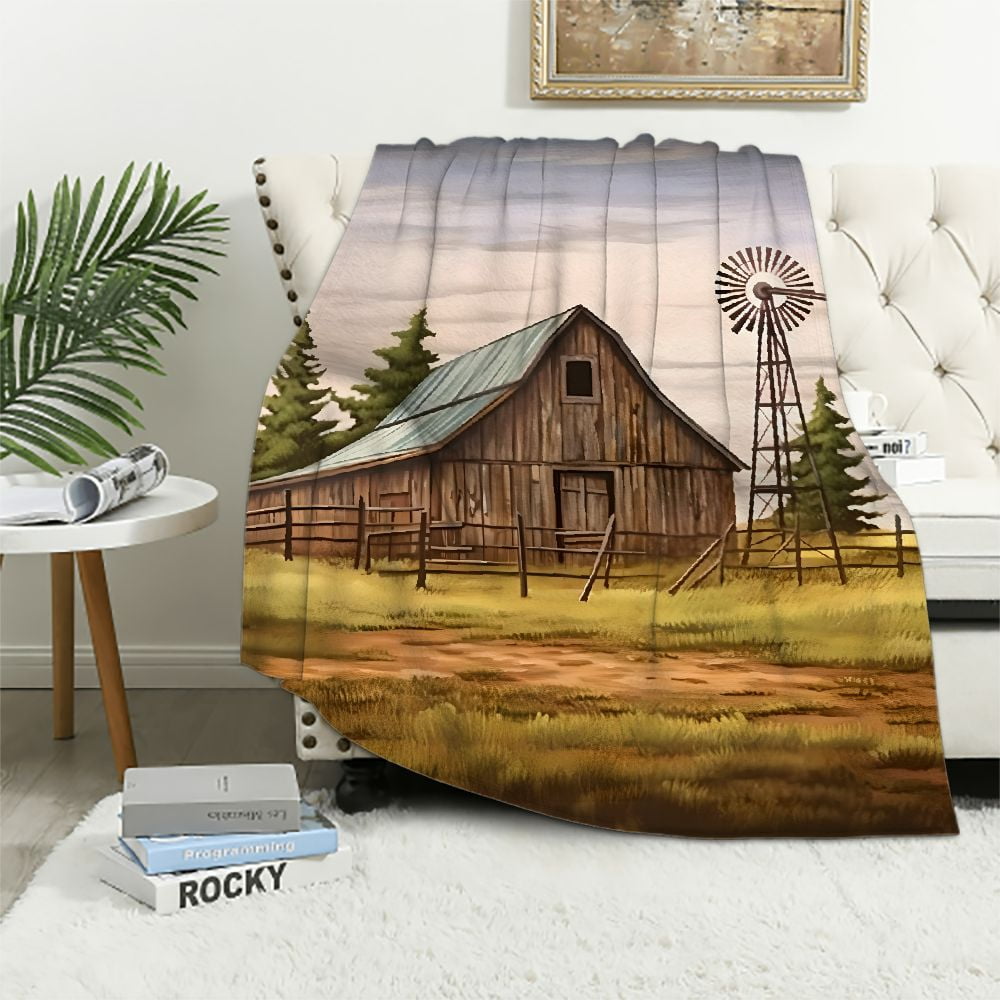 Chilfamy Barn Windmill Field Print Throw Blanket for Bed Sofa Decor All ...