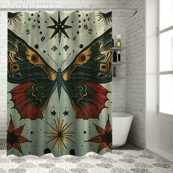 Chilfamy Bathroom Stall Shower Curtain, Boho Butterfly Floral Bath Curtain Abstract Vintage Sun Moon Shower Curtains Set for Bathroom, Water Resistant Polyester Fabric Washable Machine Wash White