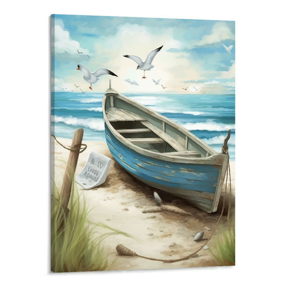 Blue Seagull and Rowboat Coastal Canvas Print 14x14"