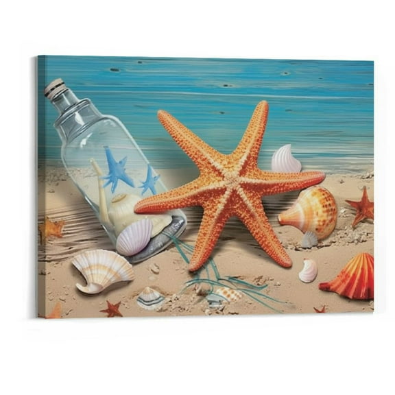 Chilfamy Beach Bathroom Wall Art Coastal Ocean Theme Starfish Bathroom Pictures Wall Decor Nautical Seashell Canvas Print Painting Framed Modern Home Artwork For Living Room Bedroom Office - 20x16inch