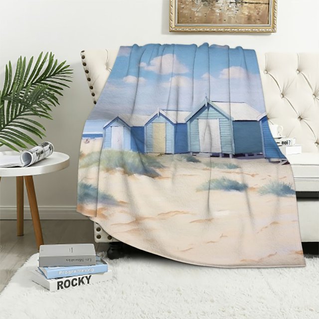 Chilfamy Beach Huts Ocean Blue Sky Flannel Throw Blanket for Sofa Couch All Seasons Lightweight Blanket, Perfect Gift for Family and Friends 40x50in