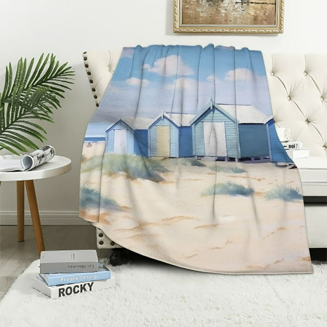 Chilfamy Beach Huts Ocean Blue Sky Flannel Throw Blanket for Sofa Couch All Seasons Lightweight Blanket, Perfect Gift for Family and Friends 40x50in