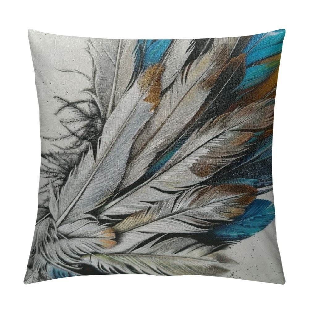 Chilfamy Bird Feather Throw Pillow Cover Teal Brown Turquoise Feather Decorative Pillow Case