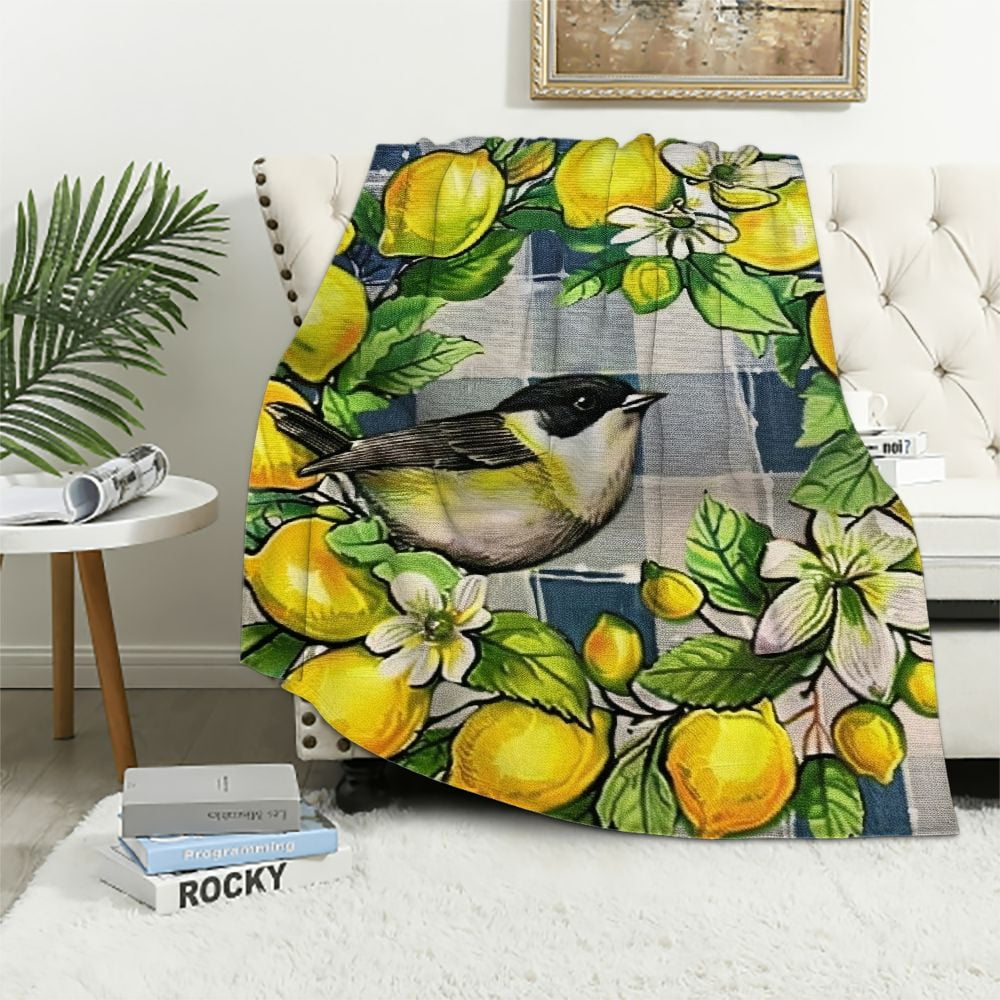 Chilfamy Bird Wreath Lemons Print Throw Blanket Flannel Soft Couch