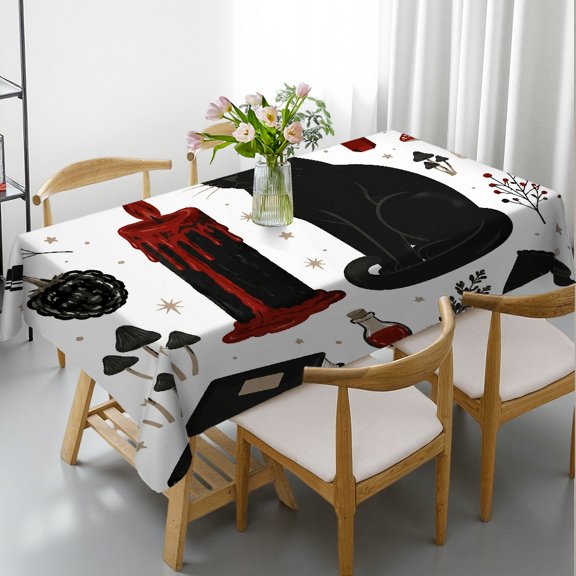 Chilfamy Black Cat Candle Clipart Rectangle Tablecloth, Machine-Made - Festive Table Setting Rectangle Tablecloth, Ideal for Kitchen Picnic Party